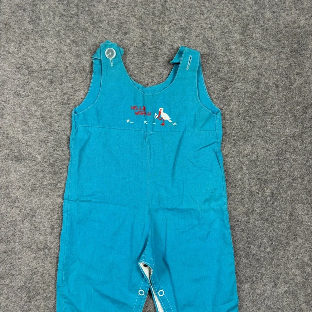 Romper Baby Teal‎ Blue Hello World Stork Embroidery Vintage Surf Preppy 80s 90s